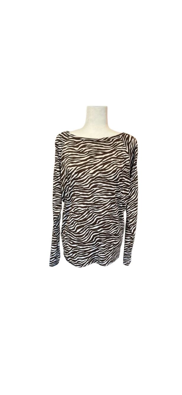 Michael Kors brown and cream zebra print long sleeve knit top with zip shoulder